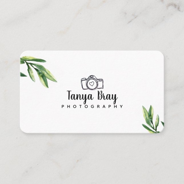 White Business Card W/ Watercolor Greenery Detail (Front)