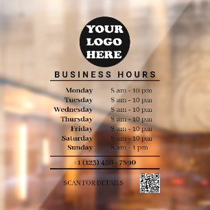White Business Logo Opening Hours QR Code Window Cling