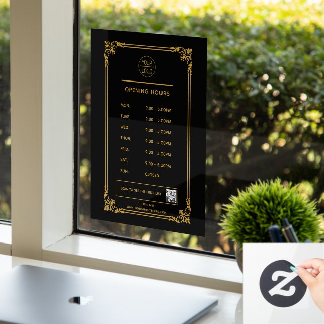 White Business opening hours logo and qr code Wind Window Cling (Office)