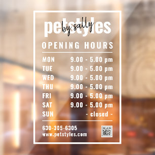 White Business Opening Hours Logo and QR Code Window Cling