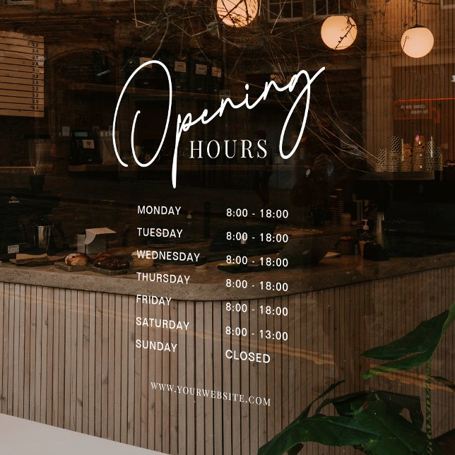 White Business Opening Hours Simple Modern Script Window Cling (Modern business opening hours sign with transparent background and white text)
