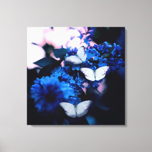 White Butterflies Blue Flowers, butterfly Canvas Print