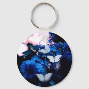 White Butterflies Blue Flowers, butterfly Keychain