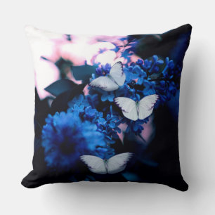 White Butterflies Blue Flowers, butterfly Throw Pillow