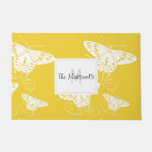 White Butterflies Bright Yellow Background Doormat