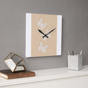 White Butterflies Home Decor Square Clock