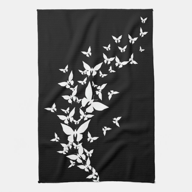 White Butterflies on Black Kitchen Towel (Vertical)