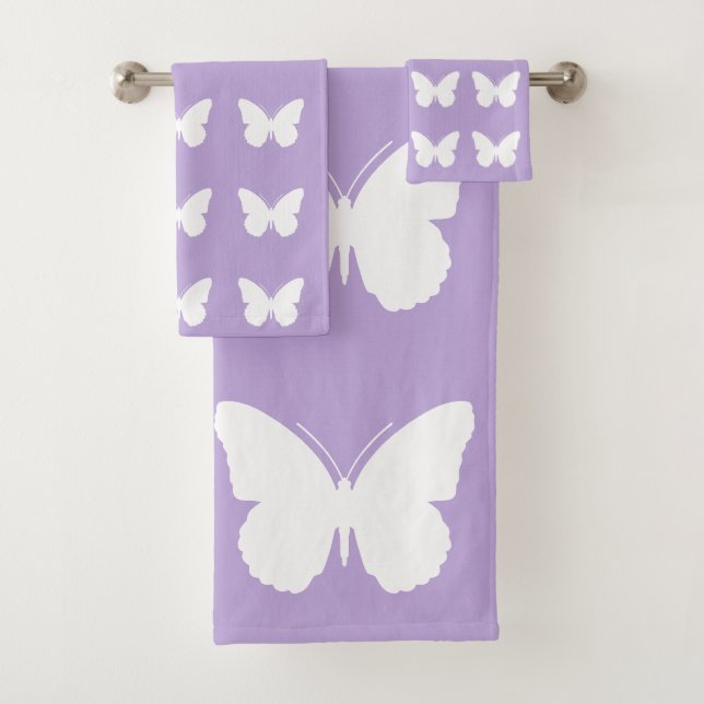 White Butterflies on Cottage Lavender Bath Towel Set (Insitu)