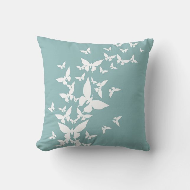 White Butterflies on Turquoise Throw Pillow (Front)