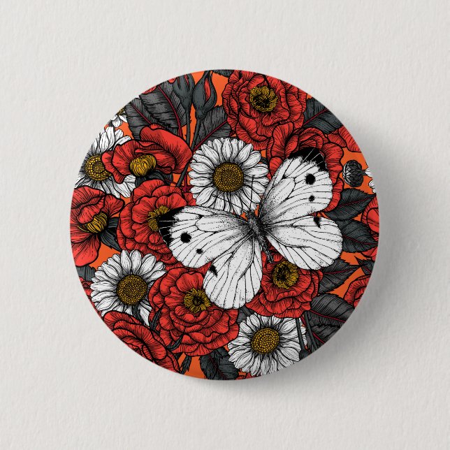 White butterfly and roses 2 inch round button (Front)