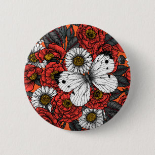 White butterfly and roses 2 inch round button