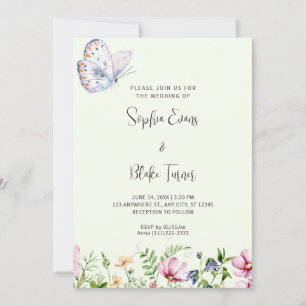 White Butterfly and Wildflowers Green Wedding Invitation