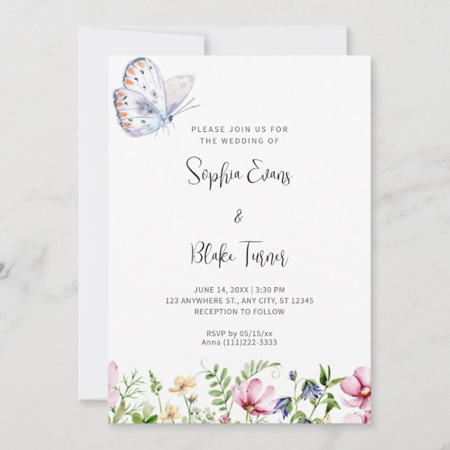 White Butterfly and Wildflowers White Wedding Invitation (Front)