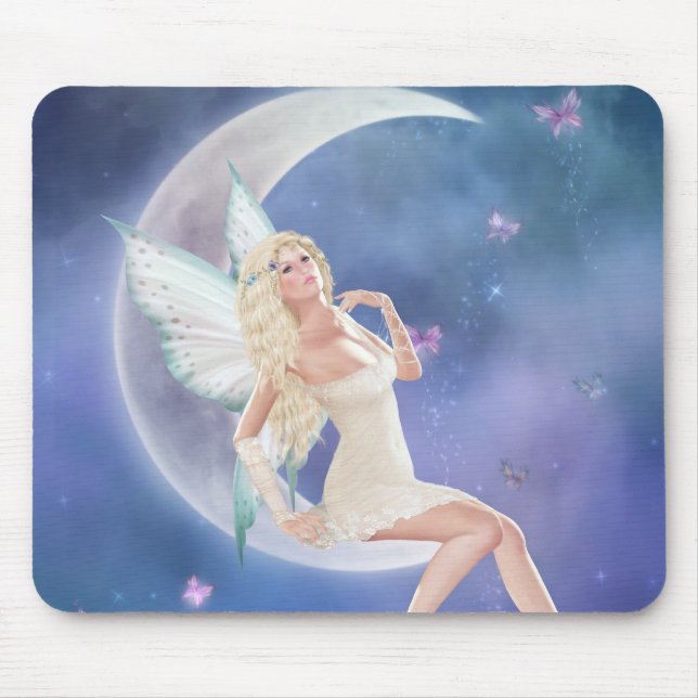 White Butterfly Fairy Moon Mousepad (Front)