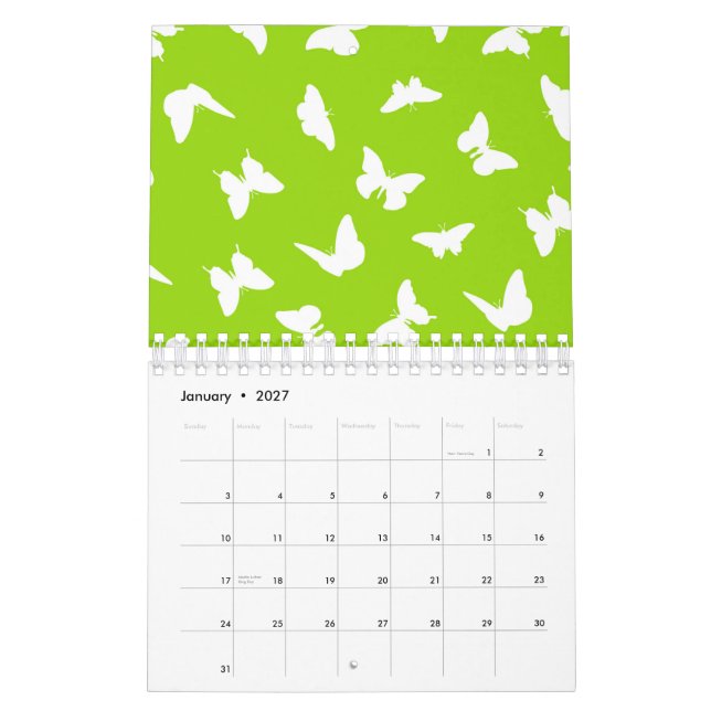 White Butterfly Green Background Aesthetic Pattern Calendar (Jan 2027)