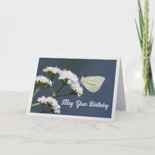 White Butterfly On Flowers Birthday Card