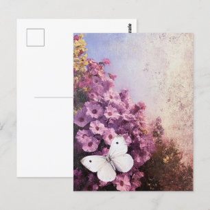 White Butterfly Purple Flowers Impressionist Postcard