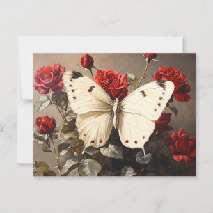 White Butterfly Resting Among Vibrant Red Roses Postcard