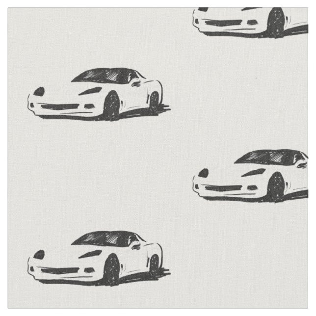 White C6 Corvette Hand Drawn Sketch Fabric (Close Up)
