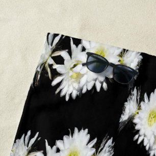 White Cacti Flowers On Black, Beach Towel