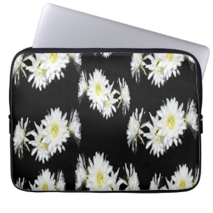 White Cacti Flowers On Black, Laptop Sleeve