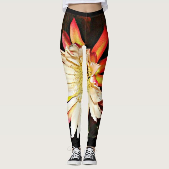 White Cactus Bloom on Black Women's Leggings