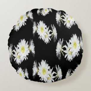 White Cactus Flowers On Black, Round Pillow