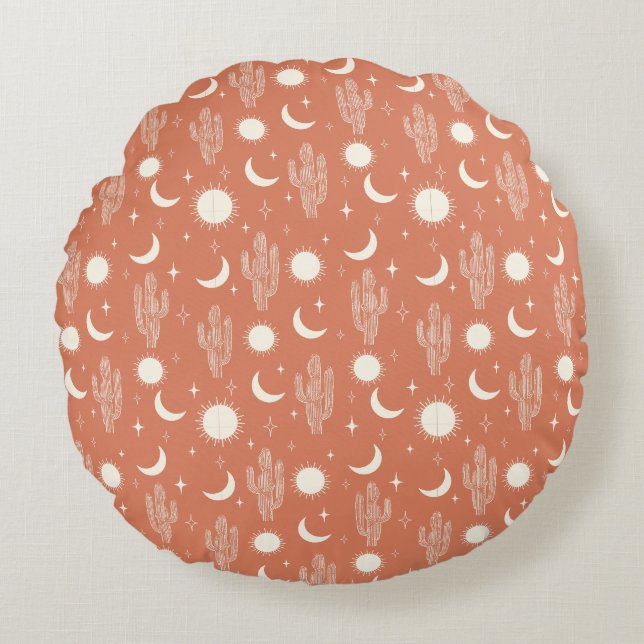 White Cactus Pattern Round Pillow (Front)
