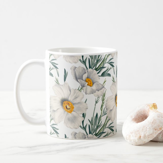 White California Tree Poppy Flowers Pattern Coffee Mug (With Donut)