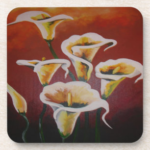 White Calla Lilies Artistic Cut Flowers On Brown Coaster