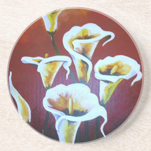 White Calla Lilies Artistic Cut Flowers On Brown Coaster (Front)