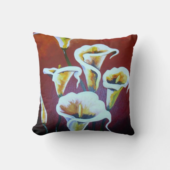 White Calla Lilies Artistic Cut Flowers On Brown Throw Pillow (Front)