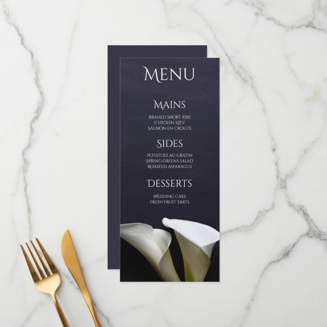 White calla lilies on black menu (Front/Back In Situ)