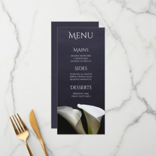 White calla lilies on black menu