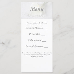 white calla lilies on linen wedding menu card