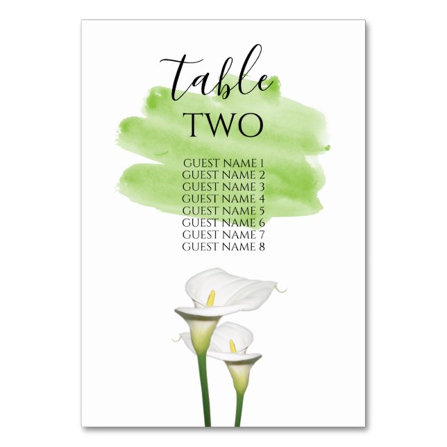 White Calla Lilies Watercolor Wedding Guest Names Table Number (Front)