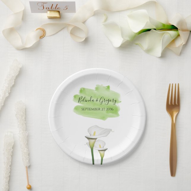 White Calla Lilies Watercolor Wedding  Paper Plate (Wedding)