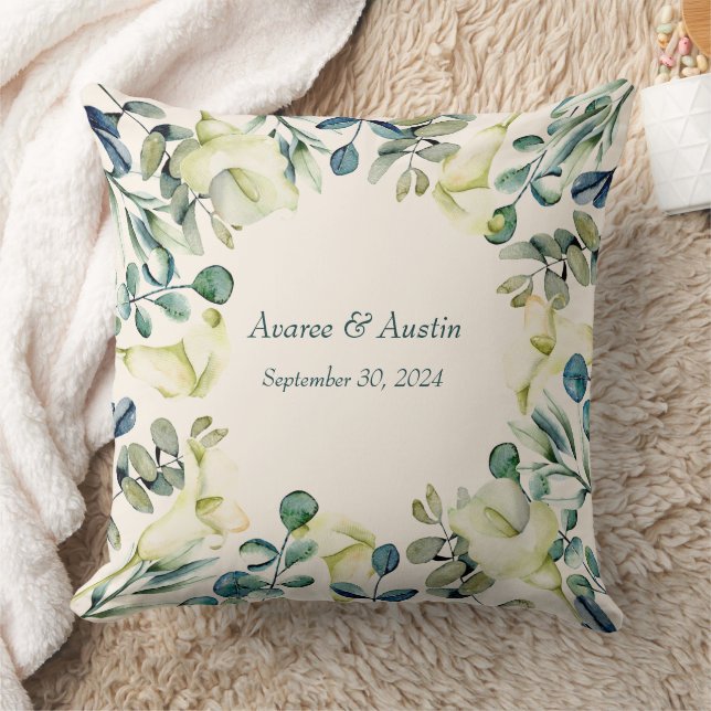 White Calla Lily and Eucalyptus  Throw Pillow (Blanket)