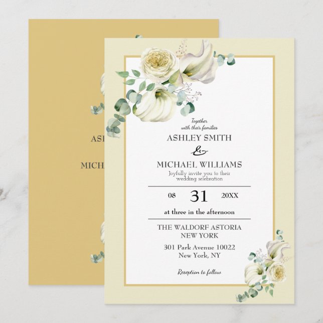 White Calla Lily and Greenery Eucalyptus Wedding Invitation (Front/Back)
