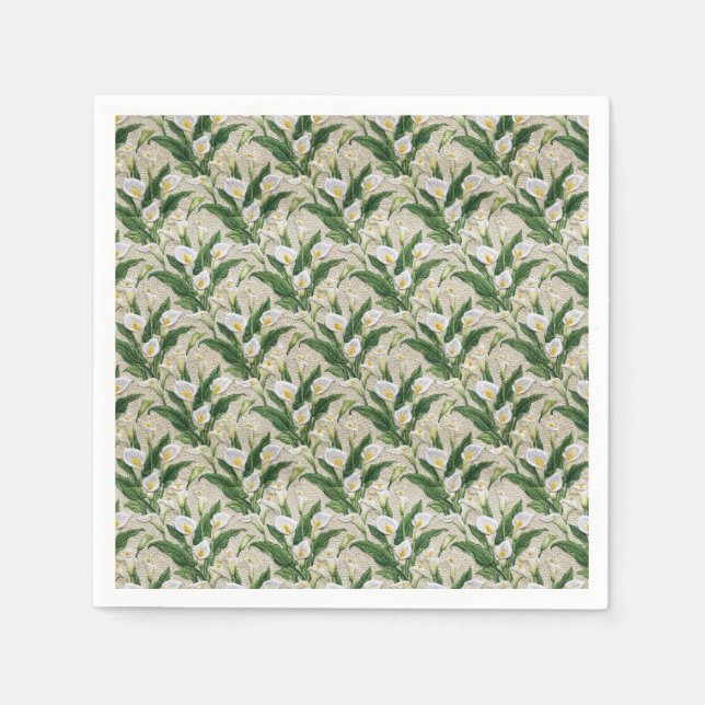 White Calla Lily Embroidered Botanical Pattern Napkin (Front)