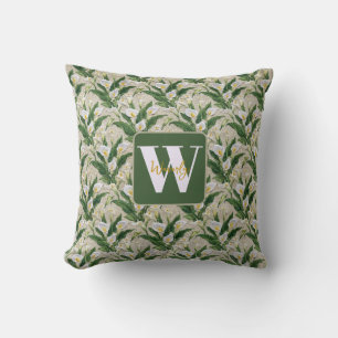 White Calla Lily Embroidery Floral Monogram Throw Pillow
