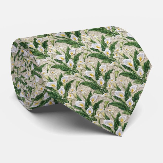 White Calla Lily Embroidery Floral Pattern Tie (Rolled)