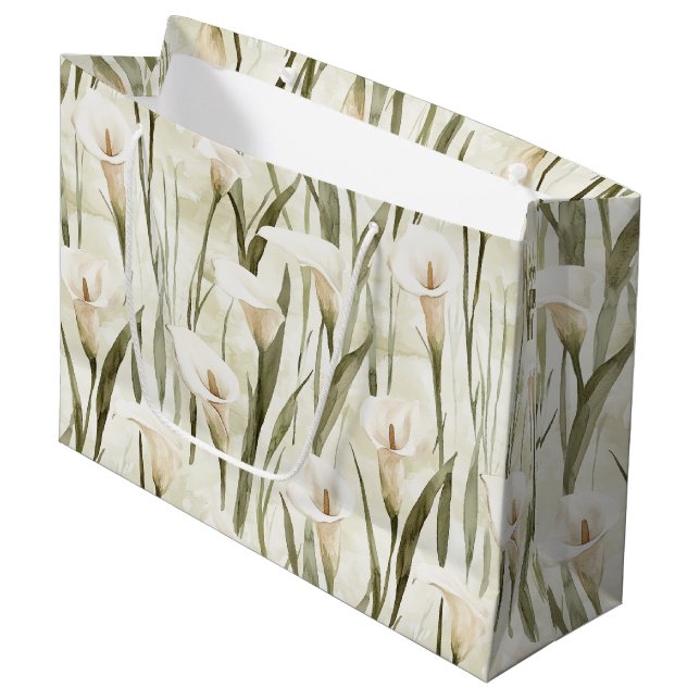 White Calla Lily Floral Bridal Shower Large Gift Bag (Front Angled)