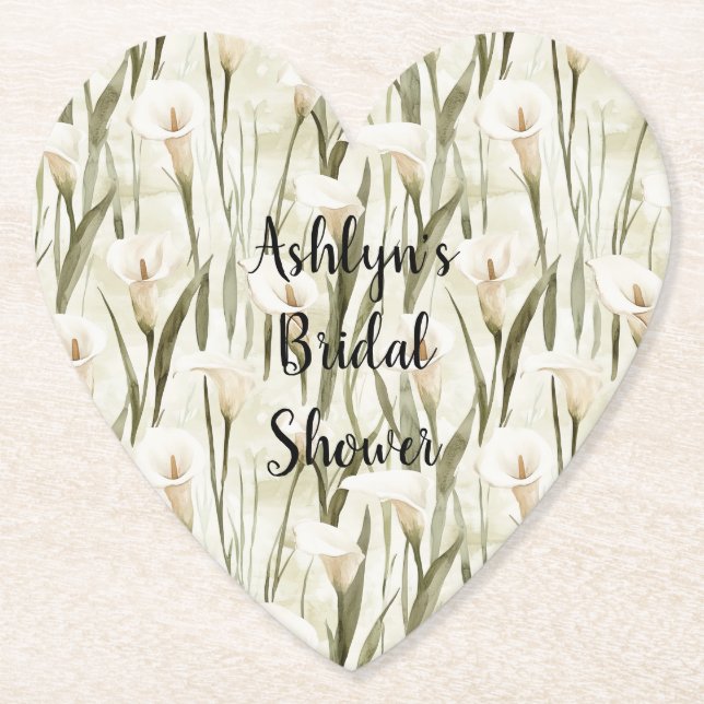 White Calla Lily Floral Bridal Shower Paper Coaster (Front)