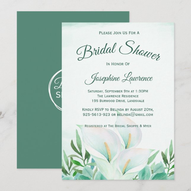 White Calla Lily Floral Invitations de douche nupt (Devant / Derrière)