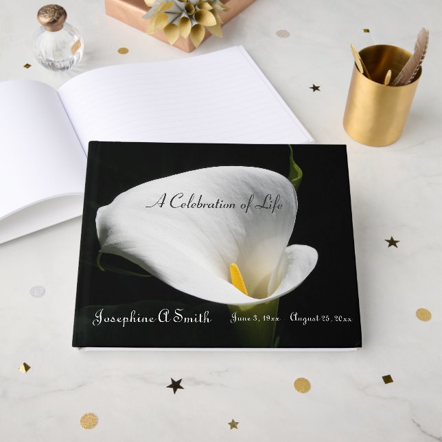 White Calla Lily Floral Memorial Service Guest Book (Front Open)