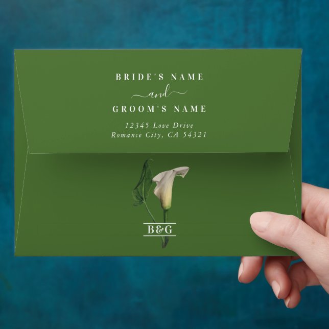 White Calla Lily Green Botanical Wedding 5 x 7 Envelope (Hand)