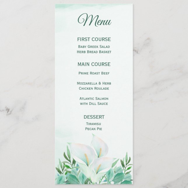 White Calla Lily Monogram Menus (Front)