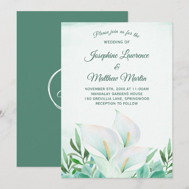 White Calla Lily Monogramme Invitations de mariage (Devant / Derrière)