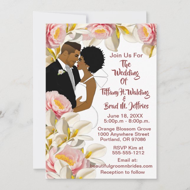 White Calla Lily & Peony African American Wedding Invitation (Front)